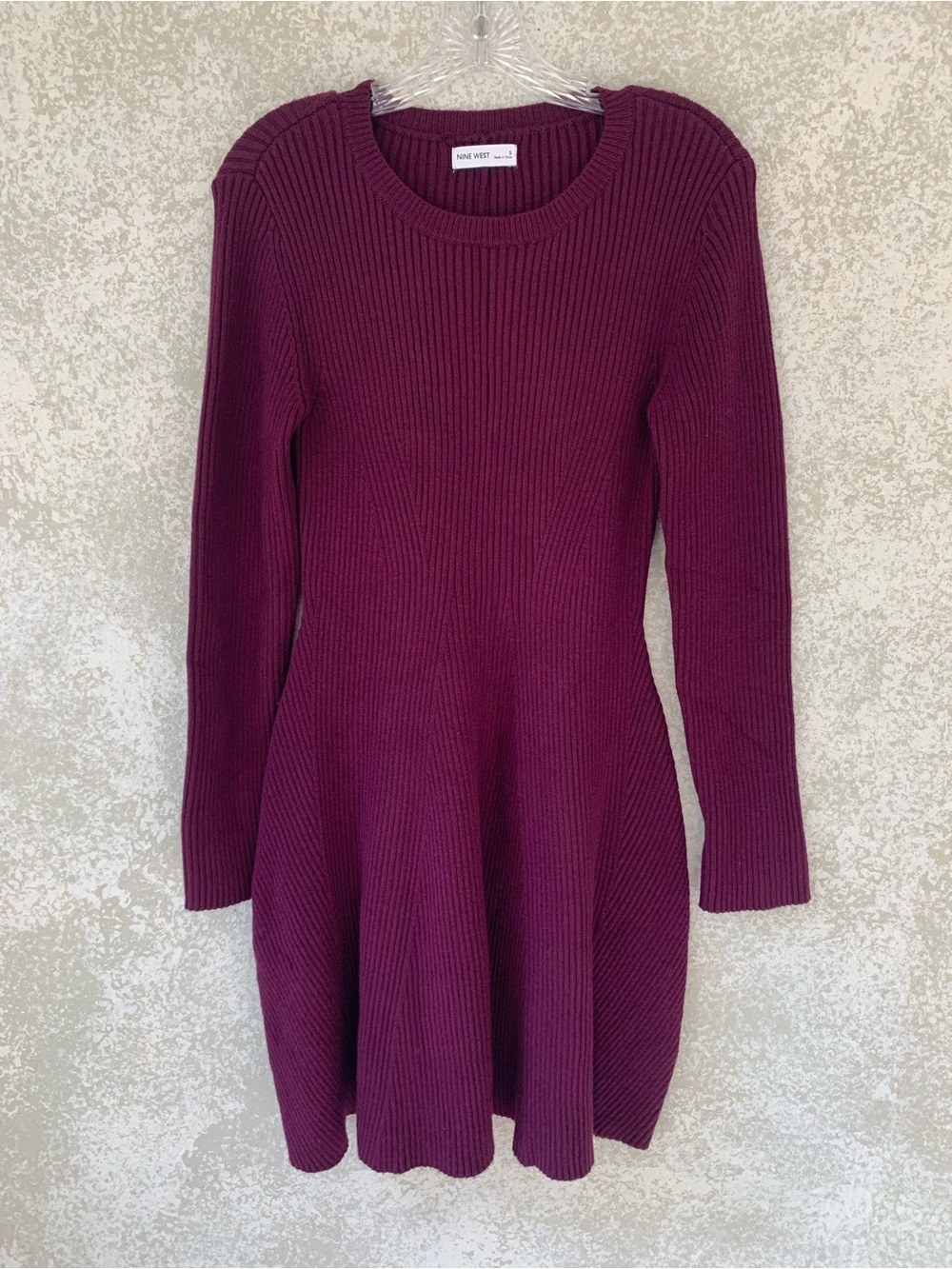 Nine West Burgundy Ribbed Knit Crewneck Sweater Dress Small